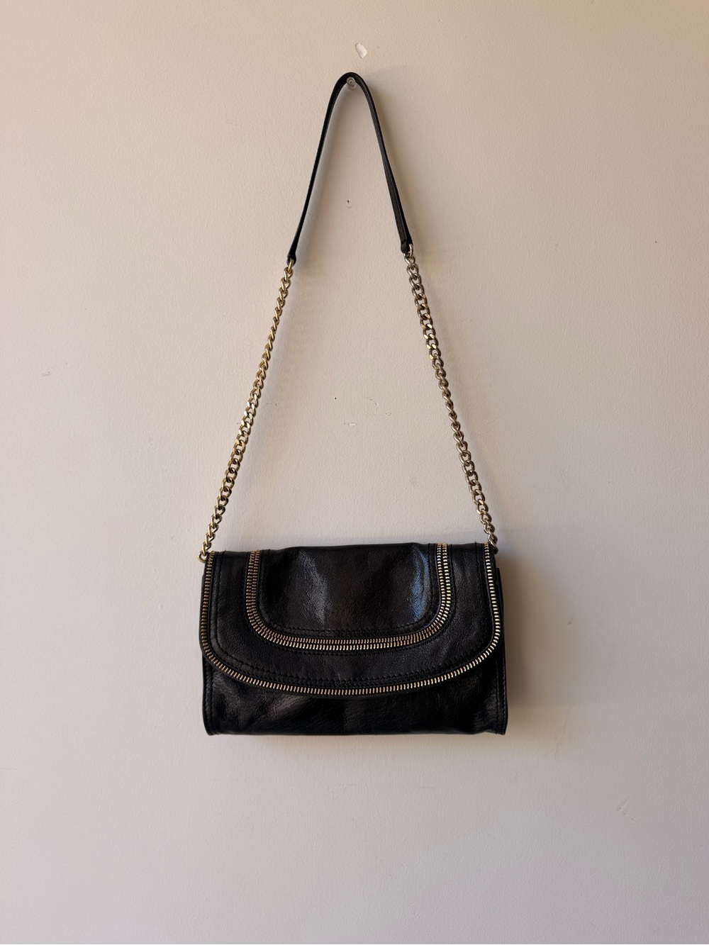 Michael Kors Black Leather Chain Shoulder Bag Double Zip Gold Hardware Clutch
